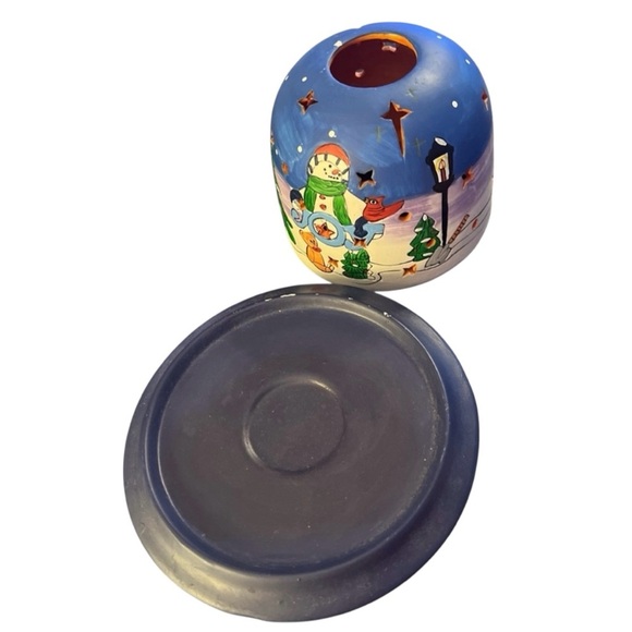 Vintage Starry Night Snowman Tea Light Votive Candle Holder Blue Ceramic - Picture 5 of 12